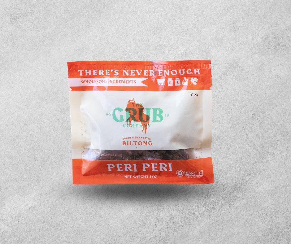 A resealable pouch of Peri Peri biltong