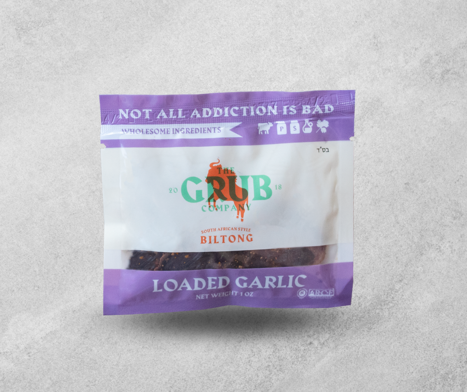 A resealable pouch of Loaded Garlic biltong