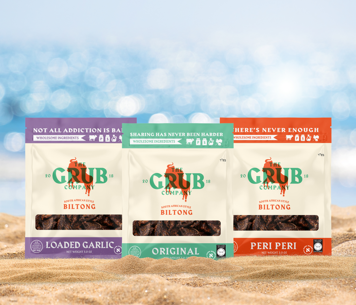 Original, Peri Peri and Loaded Garlic biltong pouches side by side