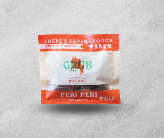 A resealable pouch of Peri Peri biltong