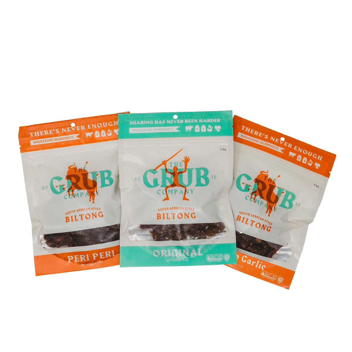 Three flavours of biltong pouch fanned out