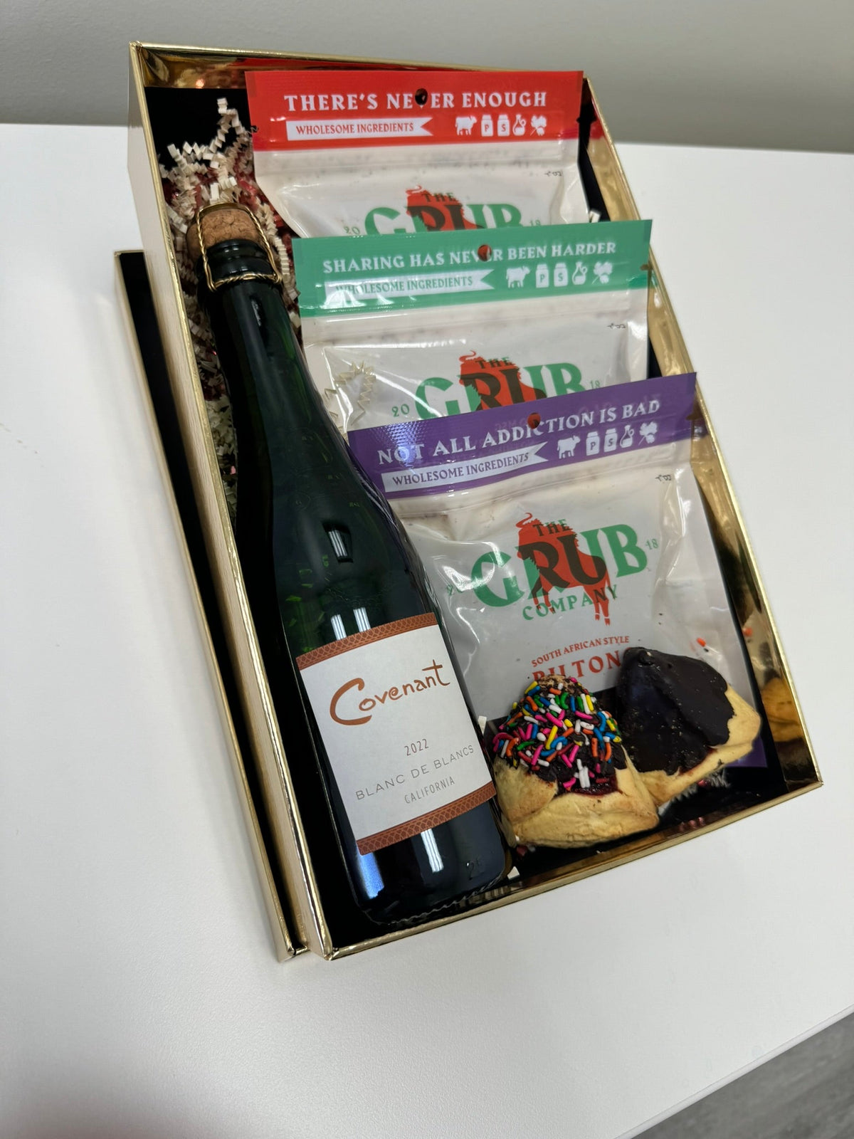 A kosher gift basket of biltong and wine