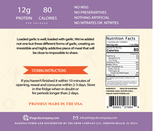 The back of a Loaded Garlic biltong mini: 12g protein, 80 calories, no MSG or preservatives