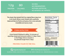 The back of an Original biltong mini: 12g protein, 80 calories, no MSG or preservatives