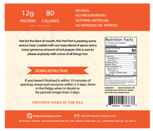The back of a Peri Peri biltong mini: 12g protein, 80 calories, no MSG or preservatives